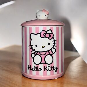 Silver Buffalo Hello Kitty Pink Striped Ceramic Snack Jar/Cookie Jar 8” NWOT